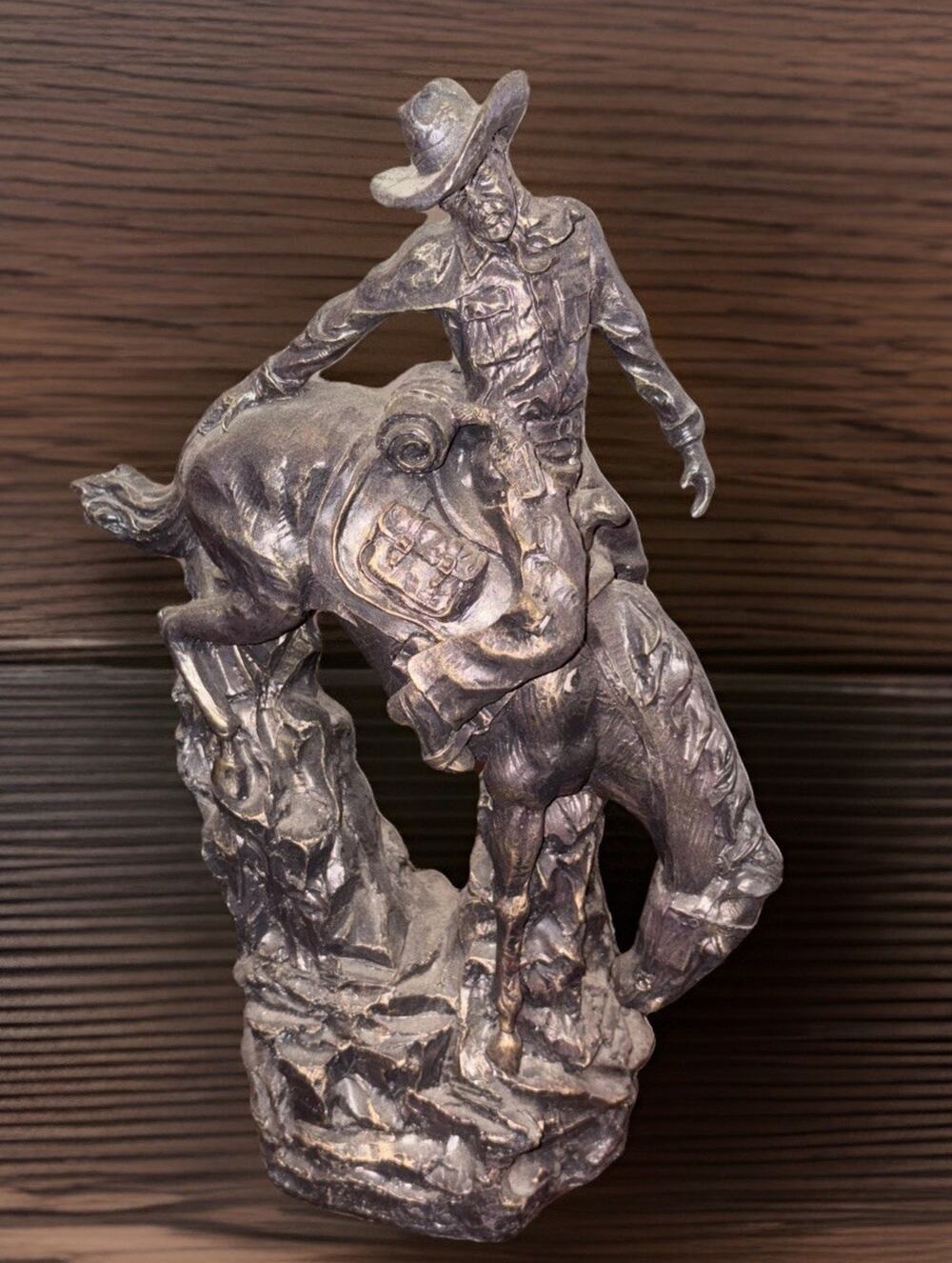Vintage Bronze Look Resin Riding Cowboy on Horse Sculpture Western Art, Over 14"